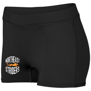 NE Striders Girls Track Shorts Aug 1233 featuring the "northeast striders" logo with an orange and white design on the left thigh.