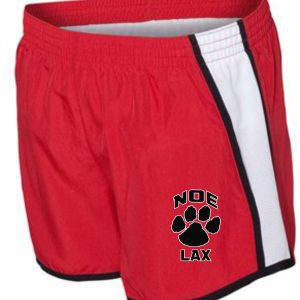 Red and white lacrosse shorts with paw print logo.