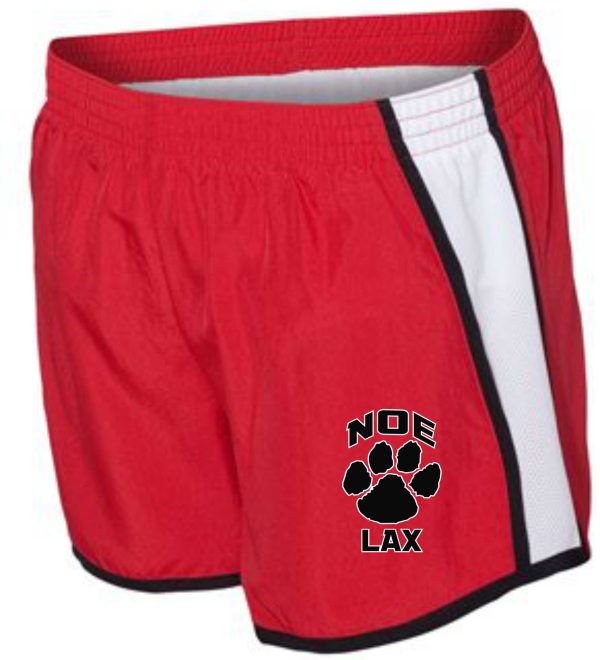 Red and white lacrosse shorts with paw print logo.