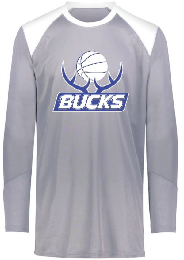 A long-sleeved gray Bucks Basketball Tip Off shooting shirt 1729 with the word "bucks" and a stylized basketball and antlers logo on the front.