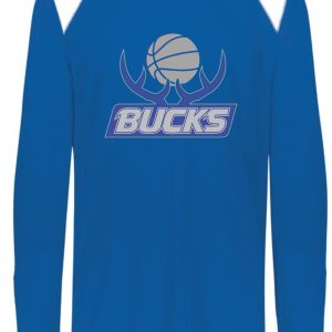 A blue and white long-sleeve Bucks Basketball Tip Off shooting shirt 1729 with the word "bucks" and a basketball graphic logo on the chest.