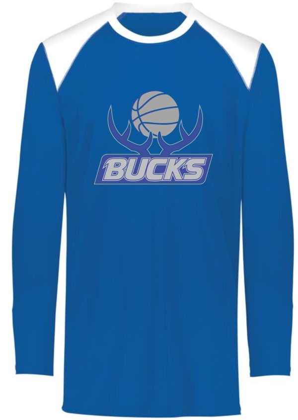 A blue and white long-sleeve Bucks Basketball Tip Off shooting shirt 1729 with the word "bucks" and a basketball graphic logo on the chest.