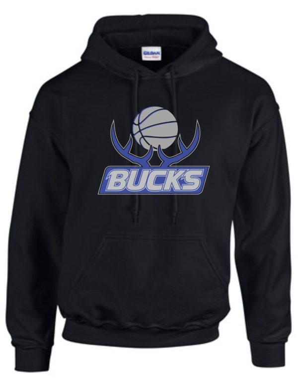 Black Bucks Hooded sweatshirt G185 with a blue and white basketball logo on the front.