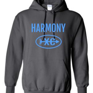 Gray hoodie with the word "Harmony" and the letters "xc" inside an oval, displayed on a plain background.