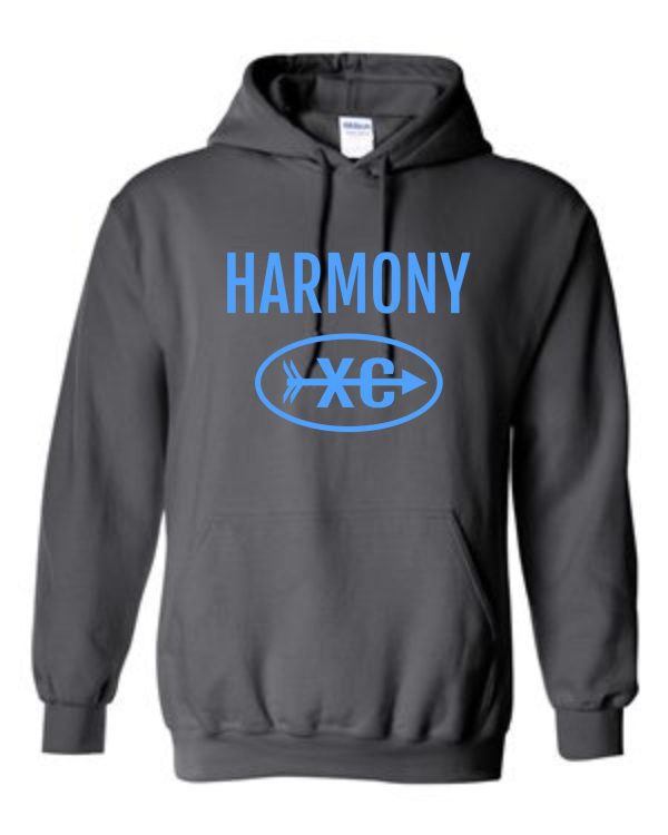 Gray hoodie with the word "Harmony" and the letters "xc" inside an oval, displayed on a plain background.