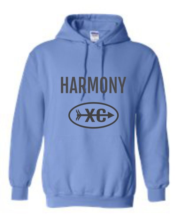 Harmony XC Columbia Blue Hooded sweatshirt G18500 with "harmony xc" logo printed on the front.