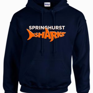 Springhurst Sharks navy hooded sweatshirt G18500 with "springhurst sharks" logo in orange featuring a stylized shark graphic.