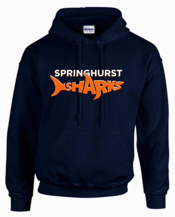 Springhurst Sharks navy hooded sweatshirt G18500 with "springhurst sharks" logo in orange featuring a stylized shark graphic.