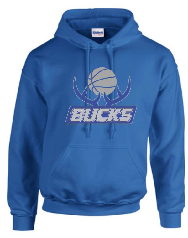 Bucks Hooded sweatshirt G185 with a graphic logo of a basketball and antlers, labeled "bucks" in white text.