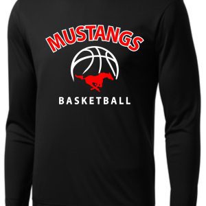 St Margaret Mary black long-sleeved shooting shirt ST350LS with "mustangs basketball" text and a basketball logo featuring a red horse silhouette.