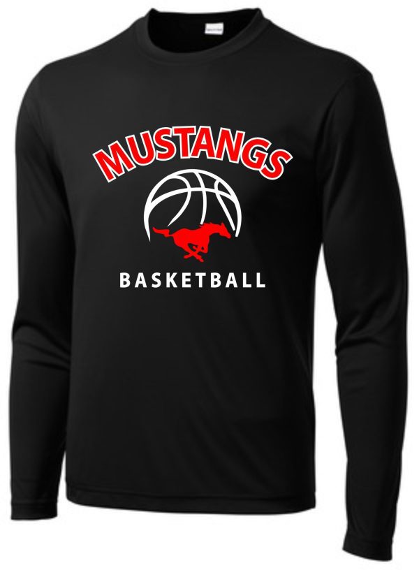 St Margaret Mary black long-sleeved shooting shirt ST350LS with "mustangs basketball" text and a basketball logo featuring a red horse silhouette.