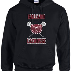 Ballard 2021 Black hoodie PC90H with "ballard lacrosse" text and a graphic of a bear holding lacrosse sticks.