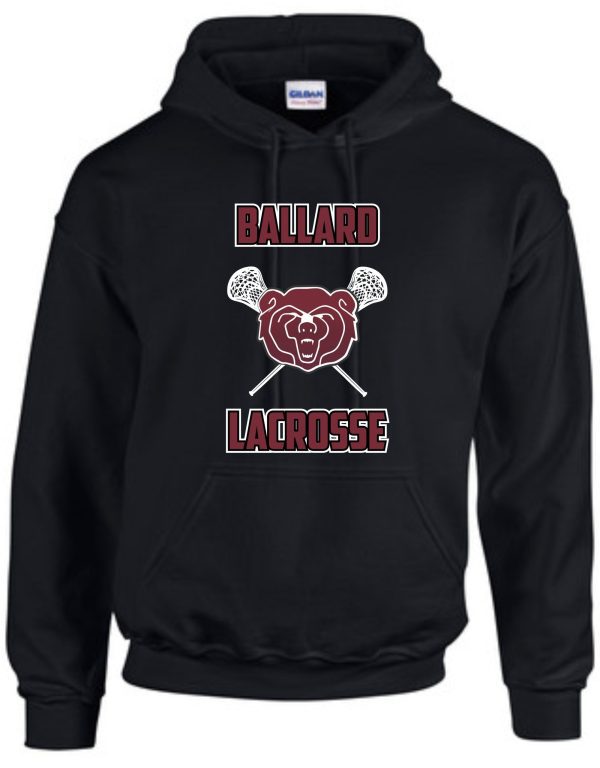 Ballard 2021 Black hoodie PC90H with "ballard lacrosse" text and a graphic of a bear holding lacrosse sticks.