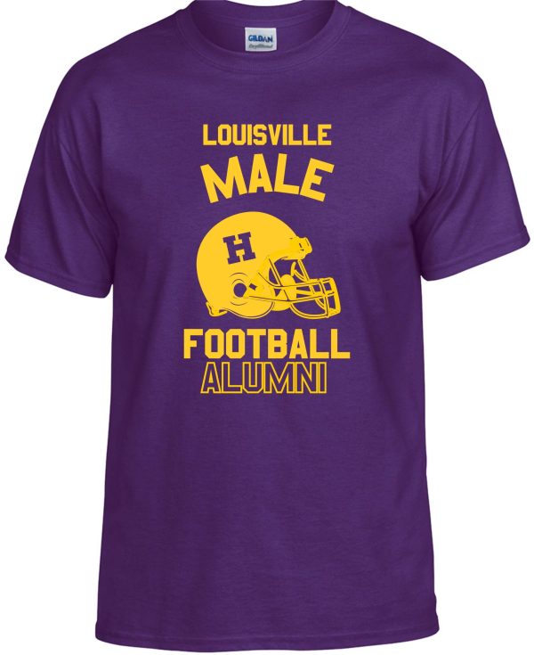 Purple t-shirt with Louisville Male football alumni design.