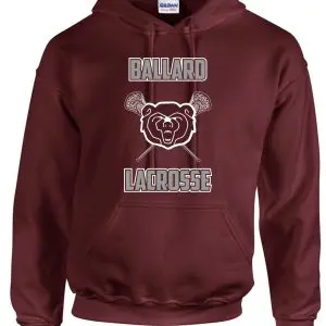 Ballard 2021 Athletic Maroon hoodie PC90H with "ballard lacrosse" text and a graphic of a bear's head surrounded by lacrosse sticks.