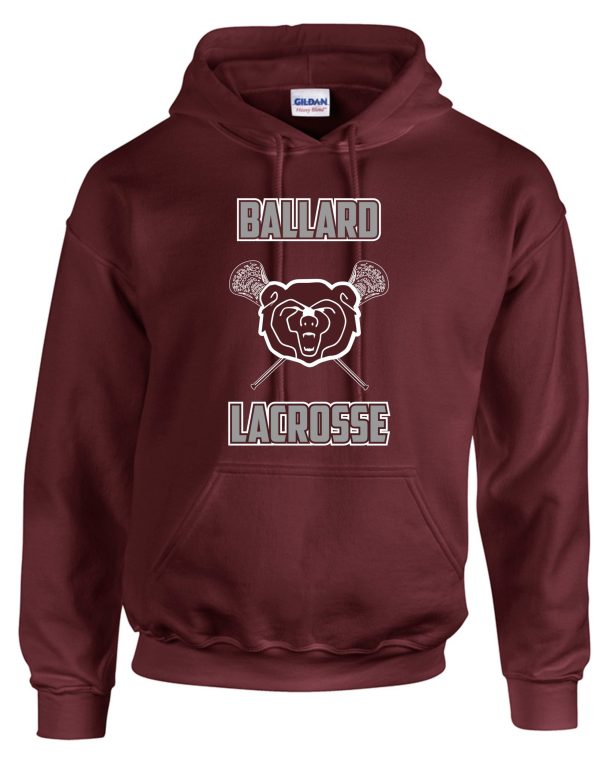 Ballard 2021 Athletic Maroon hoodie PC90H with "ballard lacrosse" text and a graphic of a bear's head surrounded by lacrosse sticks.