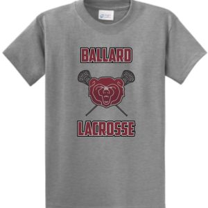 Ballard 2021 Athletic Heather T-shirt PC61 with "ballard lacrosse" text and a logo featuring a bear's face with crossed lacrosse sticks.