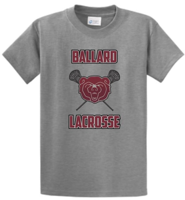 Ballard 2021 Athletic Heather T-shirt PC61 with "ballard lacrosse" text and a logo featuring a bear's face with crossed lacrosse sticks.