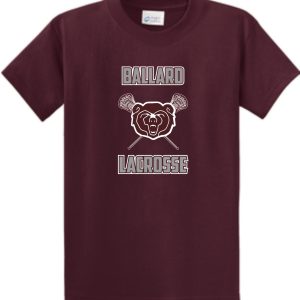 Ballard 2021 Athletic Maroon T-shirt PC61 featuring the words "ballard lacrosse" and a graphic of a bear holding lacrosse sticks on the front.