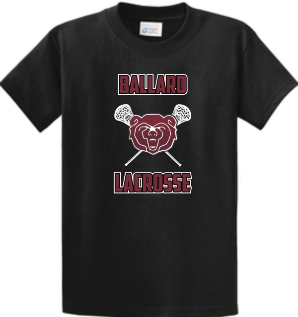 Ballard 2021 Black T-shirt PC61 with "ballard lacrosse" text and a graphic of a bear's head with crossed lacrosse sticks behind it.