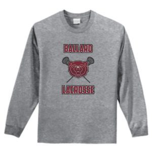 Ballard 2021 Athletic Heather Long sleeve T-shirt PC61LS featuring a "ballard lacrosse" logo with a bear head and crossed lacrosse sticks.