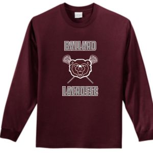 Ballard 2021 Athletic Maroon Long sleeve T-shirt featuring the "ballard lacrosse" logo with a bear head and crossed lacrosse sticks design in white.