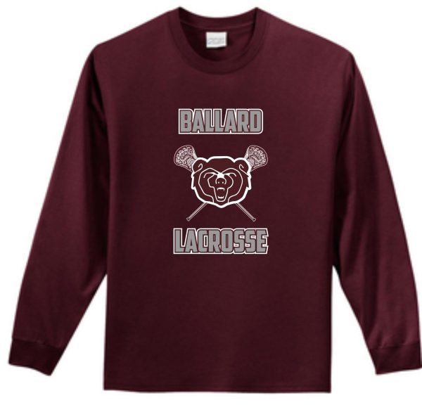 Ballard 2021 Athletic Maroon Long sleeve T-shirt featuring the "ballard lacrosse" logo with a bear head and crossed lacrosse sticks design in white.