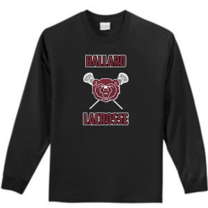 Ballard 2021 Black Long sleeve T-shirt PC61LS featuring the text "ballard lacrosse" in bold letters with a graphic of a bear's face and crossed lacrosse sticks underneath.