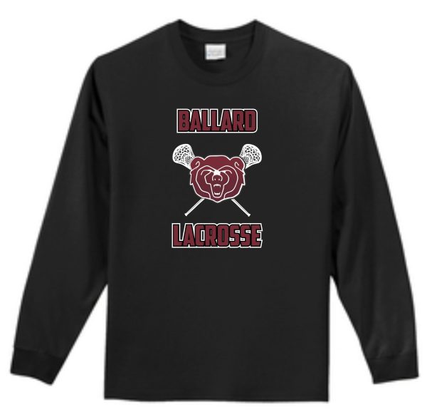 Ballard 2021 Black Long sleeve T-shirt PC61LS featuring the text "ballard lacrosse" in bold letters with a graphic of a bear's face and crossed lacrosse sticks underneath.