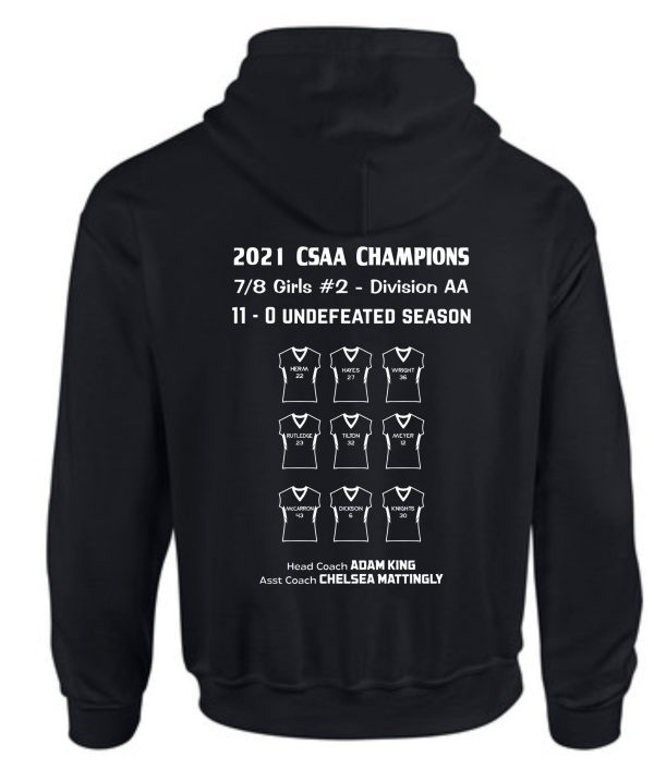 St Margaret Mary Volleyball 7 8 2021 Champs Black Hoodie G185 with text celebrating the 2021 csaa champions, 7/8 girls #2 division aa, 11-0 undefeated season, and names of coaches listed.