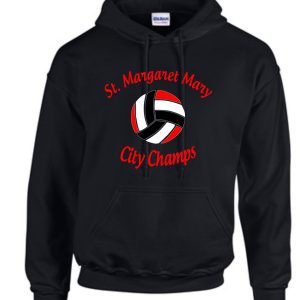 St Margaret Mary Volleyball 7 8 2021 Champs Black Hoodie G185 with the text "st. margaret mary city champs" and a volleyball graphic on the front.