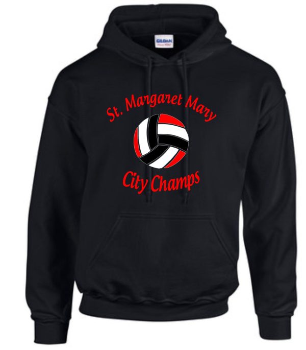 St Margaret Mary Volleyball 7 8 2021 Champs Black Hoodie G185 with the text "st. margaret mary city champs" and a volleyball graphic on the front.