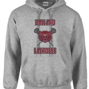 Ballard 2021 Athletic Heather hoodie PC90H with "ballard lacrosse" and a graphic of a bear holding lacrosse sticks printed on the front.