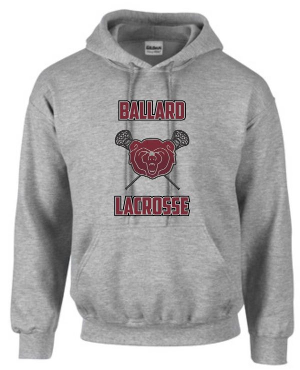 Ballard 2021 Athletic Heather hoodie PC90H with "ballard lacrosse" and a graphic of a bear holding lacrosse sticks printed on the front.