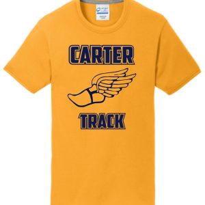 Yellow Carter Track fundraiser Gold T shirt PC381 with a winged shoe design printed on the front.