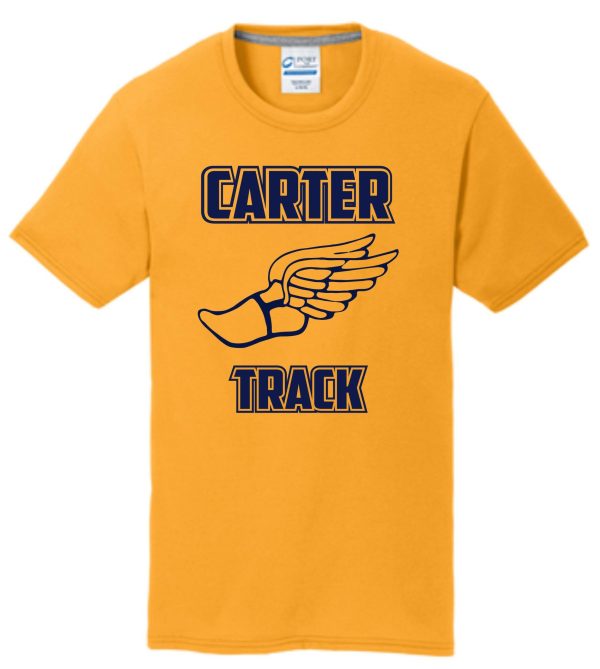 Yellow Carter Track fundraiser Gold T shirt PC381 with a winged shoe design printed on the front.