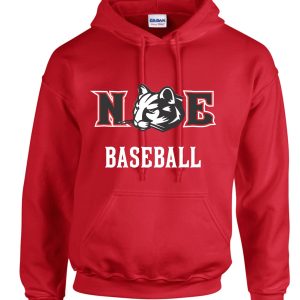 Red hoodie with "NE Baseball" logo.