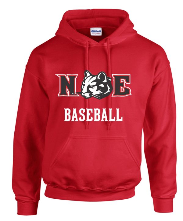 Red hoodie with "NE Baseball" logo.