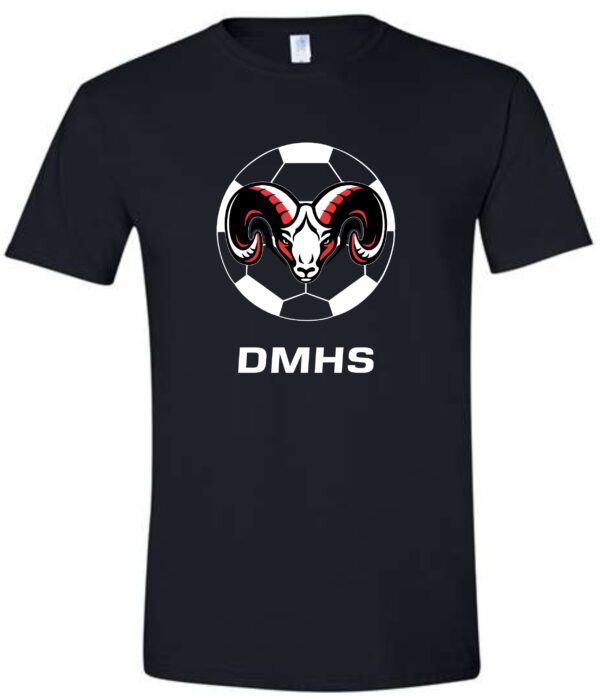 Black t-shirt with soccer ram logo and DMHS.