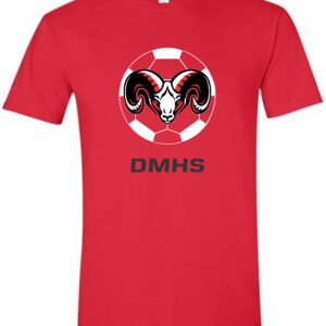 Red t-shirt with soccer ball and ram logo.