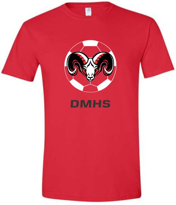 Red t-shirt with soccer ball and ram logo.