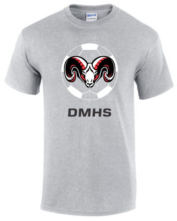 Gray t-shirt with ram and soccer ball logo.