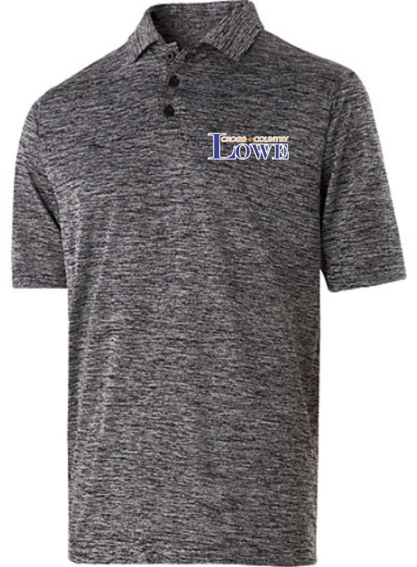 Lowe XC Mens polo 222529 heathered polo shirt with a collar and three buttons, featuring an embroidered logo that says "lowe" and "grossmont college.