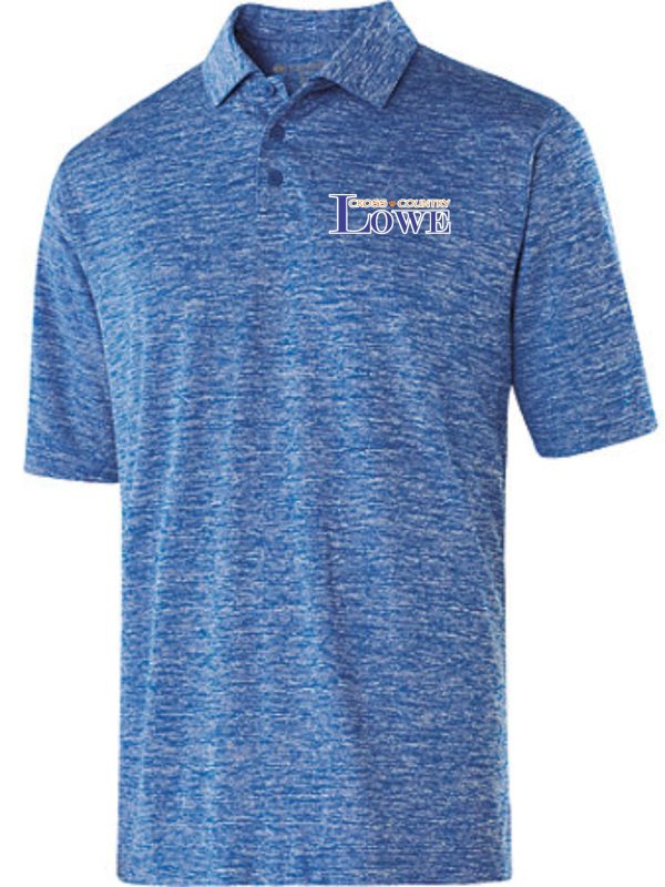 Blue Lowe XC Mens polo 222529 with a white "iowa community college" logo embroidered on the left chest.