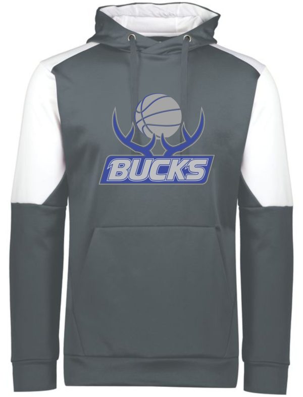 Gray and white Bucks Basketball Momentum Hoodie 222540 with "bucks" logo featuring a basketball and antlers on the front.