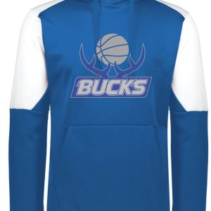 Blue and white Bucks Basketball Momentum Hoodie 222540 with a "bucks" logo and basketball graphic on the front.