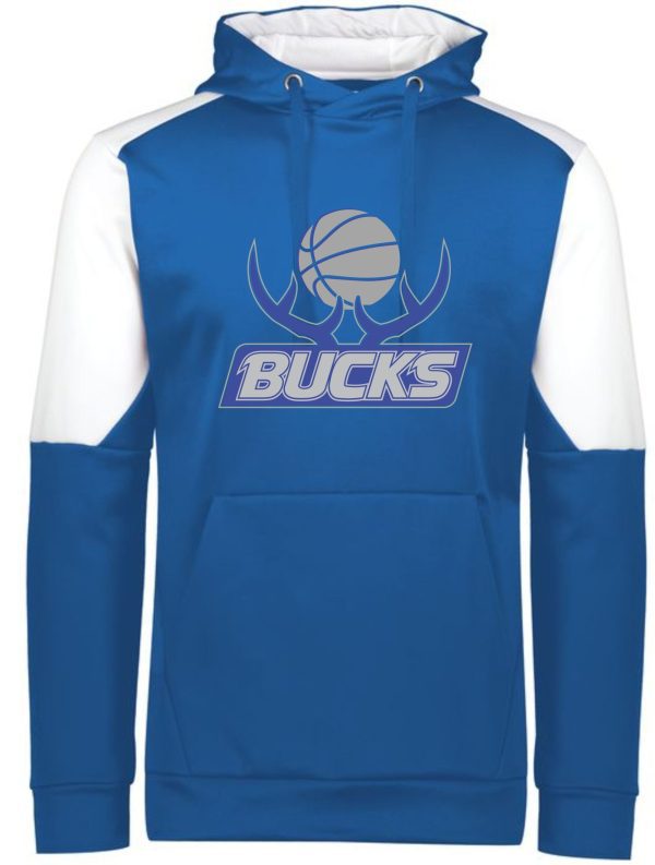 Blue and white Bucks Basketball Momentum Hoodie 222540 with a "bucks" logo and basketball graphic on the front.