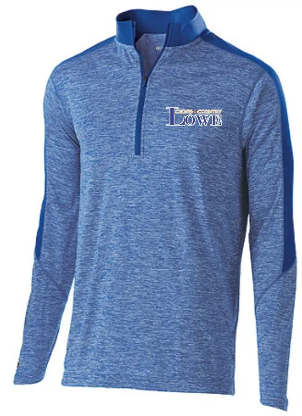 Lowe XC Mens & Boys 1/2 zip Holloway 222542 quarter-zip pullover with "cross country iowa" logo on the left chest, displayed on a mannequin.