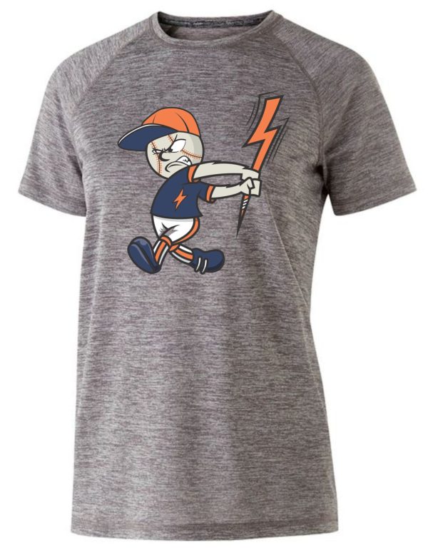 Grey baseball t-shirt with cartoon mascot.