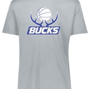 Gray Bucks Basketball Momentum t-shirt 222818 featuring the Milwaukee Bucks logo with a basketball and antlers graphic in blue and white.